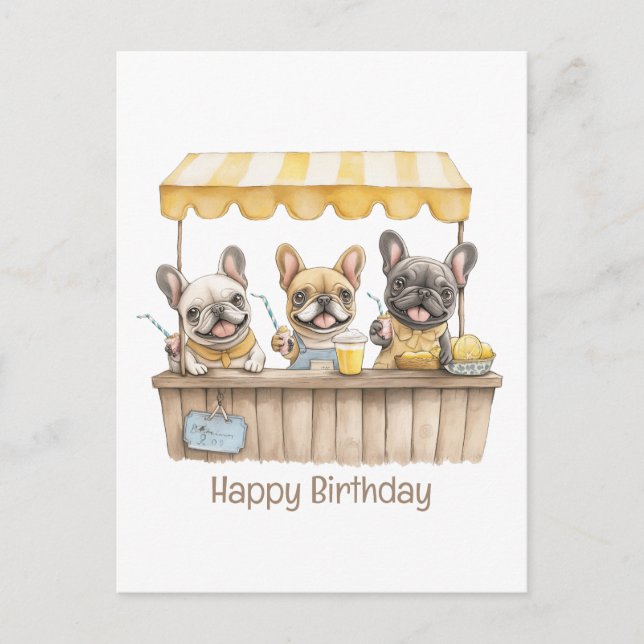 Happy Birthday French Bulldogs Lemonade Stand Postkarte (Vorderseite)