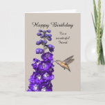 Happy Birthday Friend Karte<br><div class="desc">"Hummingbird Happy Birthday Friend" von Catherine Sherman.
Ein Kolibris-Nektar aus einem lila Delphinium schafft einen schönen Geburtstag.</div>