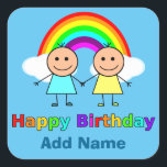 Happy Birthday Friend personalisiert Quadratischer Aufkleber<br><div class="desc">Spaß Geburtstagsaufkleber. Himmelblau mit einem großen, bunten Regenbogen und zwei flauschigen Wolken. Im Vordergrund zwei beste Freunde, die Hand halten. Einer trägt einen blauen mit gelbem und beidem mit großem Lächeln. Unter den beiden Freunden sind die Worte "Happy Birthday" in mehrfarbigem Text. Unten ist Platz, um einen Namen hinzuzufügen, um...</div>