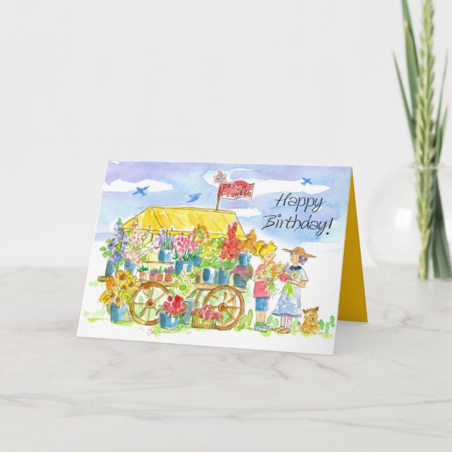 Happy Birthday Friends Blume Cart Puppy Dog Karte (Vorderseite)