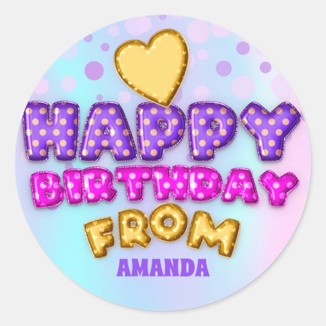 Happy Birthday From Name Balloon Pink Golden Heart Runder Aufkleber (Vorderseite)