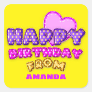 Happy Birthday From Name Balloons Pink Cartoon Quadratischer Aufkleber