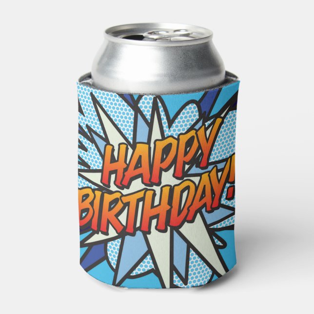 HAPPY BIRTHDAY Fun Modern Comic Book Blue Dosenkühler (Kanne Vorderseite)