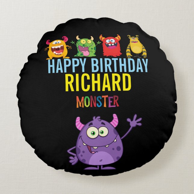 Happy Birthday FUN Monsters kids cute Rundes Kissen (Vorderseite)