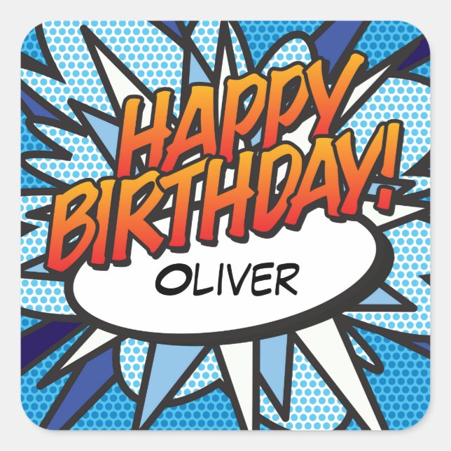 HAPPY BIRTHDAY Fun Retro Comic Book Quadratischer Aufkleber (Vorderseite)