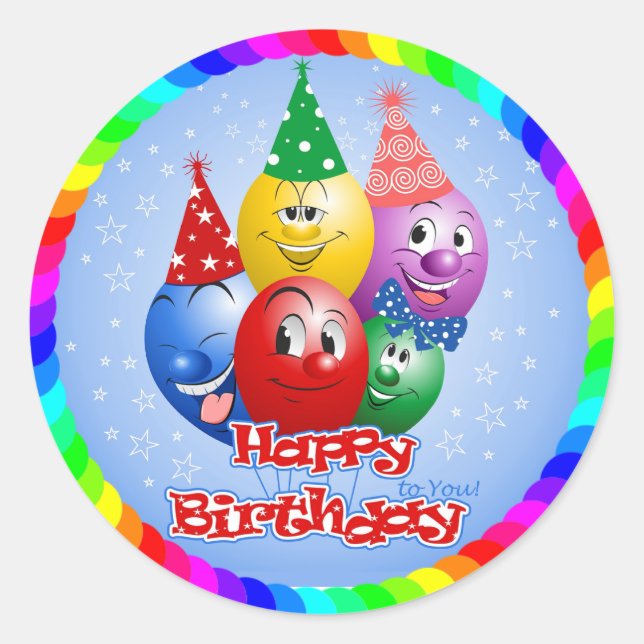 Happy Birthday Funny Balloons Runder Aufkleber (Vorderseite)