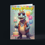 Happy Birthday | Funny Dinosaur Karte<br><div class="desc">Funny Dinosaurier feiert Geburtstag mit Kuchen und Kerzen etc. Fügen Sie Ihren eigenen Text hinzu, ändern Sie Schriftart- und Schriftart-Farbe usw. Bleib drinnen für deine persönliche Nachricht.</div>