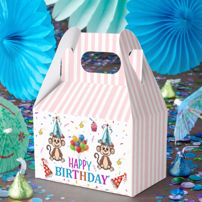 Happy Birthday Gable Favor Box Pink Stripe Monkeys Geschenkschachtel (Party)