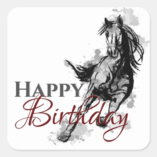Happy Birthday Galloping Horse Sketch Quadratischer Aufkleber (Vorderseite)