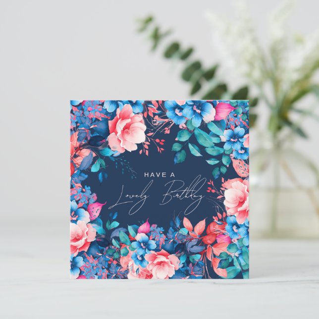 Happy Birthday Garden Bloral Blush Navy Blue Karte (Stehend Vorderseite)