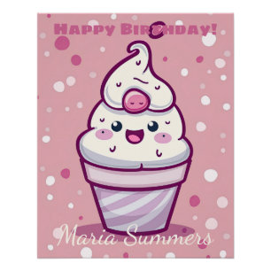Happy Birthday Gelato Ice-Creme Kawaii Cartoon Poster