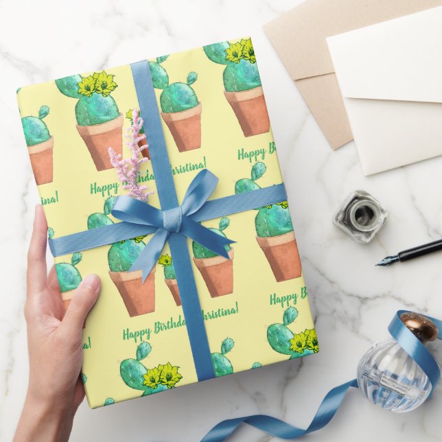 Happy Birthday Gelb Blütengetupfte Kakteen Geschenkpapier (Schenken)