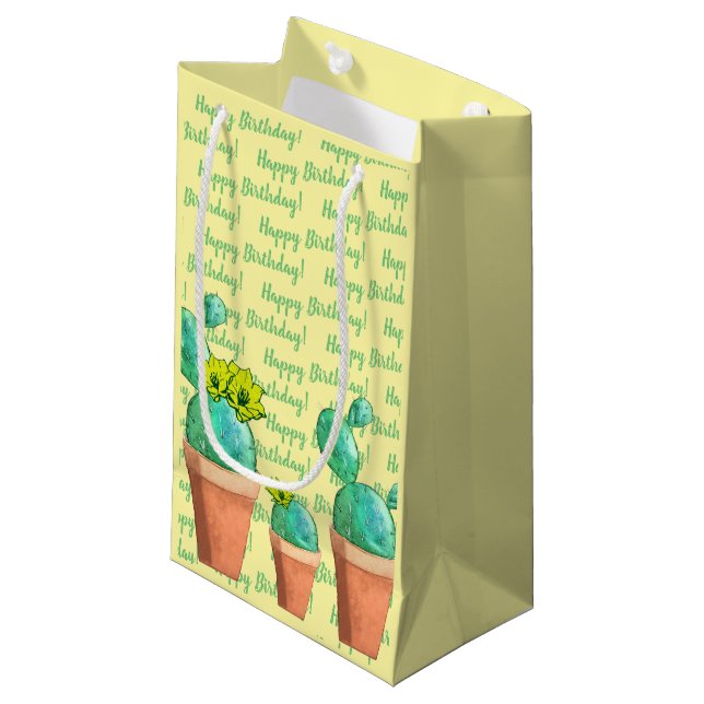 Happy Birthday Gelb Blütengetupfte Kakteen Kleine Geschenktüte (Vorderseite Schrägansicht)
