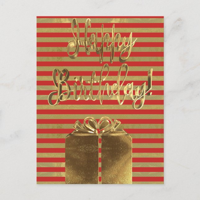 Happy Birthday Geschenk Red Gold Typografie Streif Postkarte (Vorderseite)