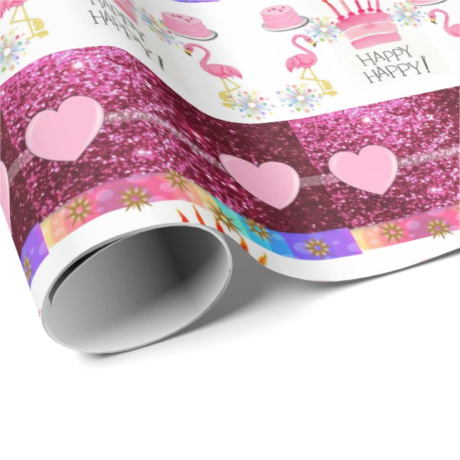 Happy Birthday Geschenk Wrapping Papier Flamingo Geschenkpapier (Rolleneckpunkt)