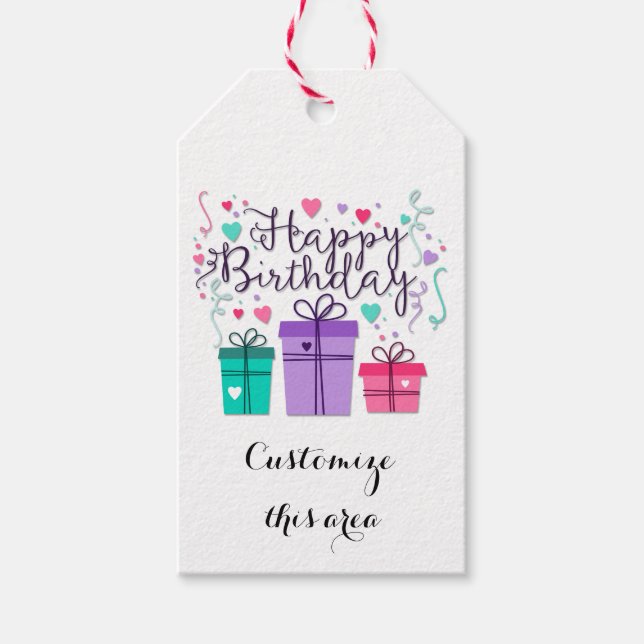 Happy Birthday Geschenkboxen auf White Customize Geschenkanhänger (Vorderseite)