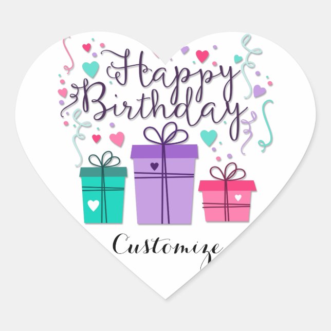 Happy Birthday Geschenkboxen auf White Customize Herz-Aufkleber (Vorderseite)