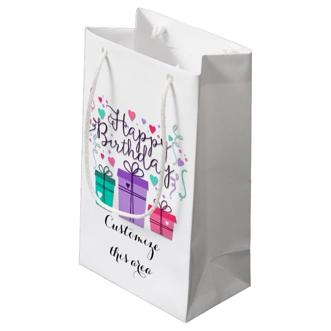 Happy Birthday Geschenkboxen auf White Customize Kleine Geschenktüte (Rückseite Schrägansicht)