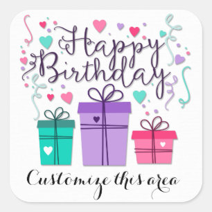 Happy Birthday Geschenkboxen auf White Customize Quadratischer Aufkleber