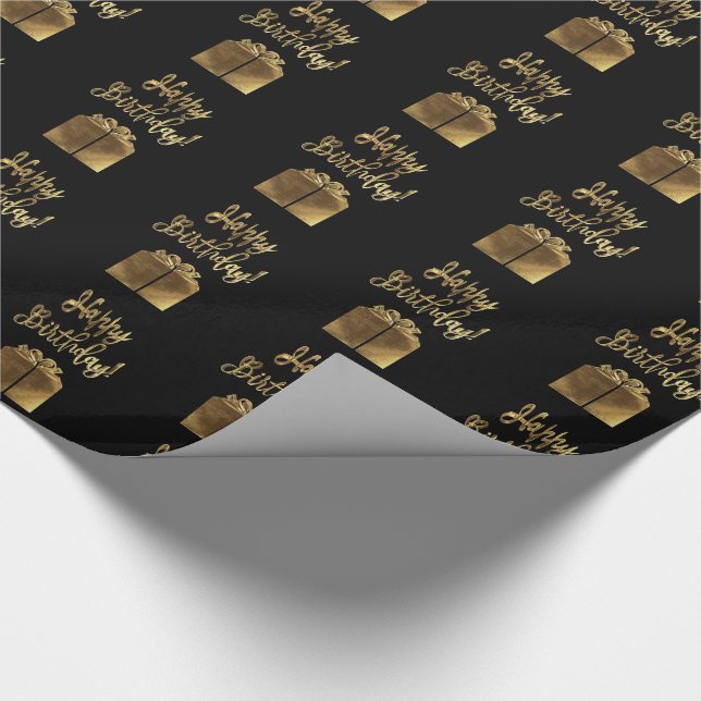 Happy Birthday Geschenkmuster Schwarze Gold Typogr Geschenkpapier (Ecke)