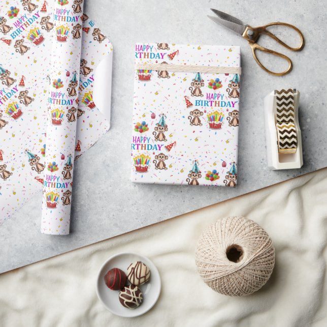 Happy Birthday Geschenkpapier Monkey Cupcake  (Kunsthandwerk)