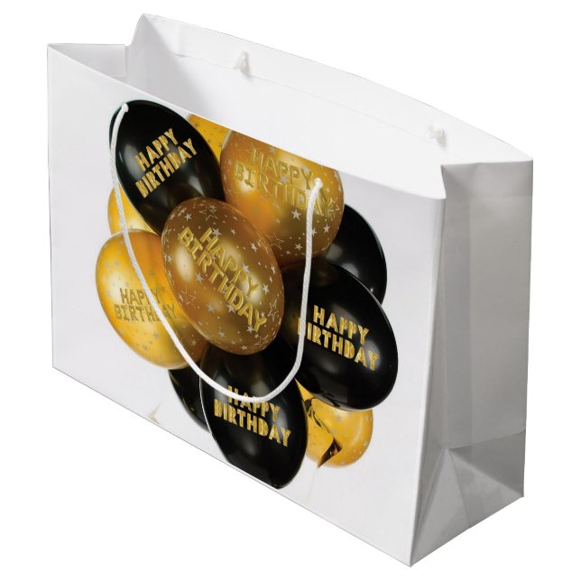 Happy Birthday Geschenktasche Black Gold Balloons Große Geschenktüte (Rückseite Schrägansicht)