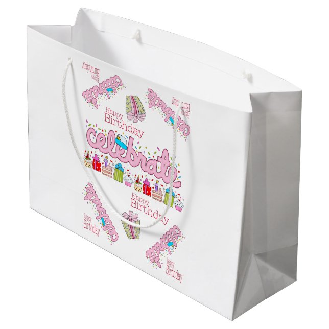 Happy Birthday Geschenktasche feiern Pink Große Geschenktüte (Rückseite Schrägansicht)