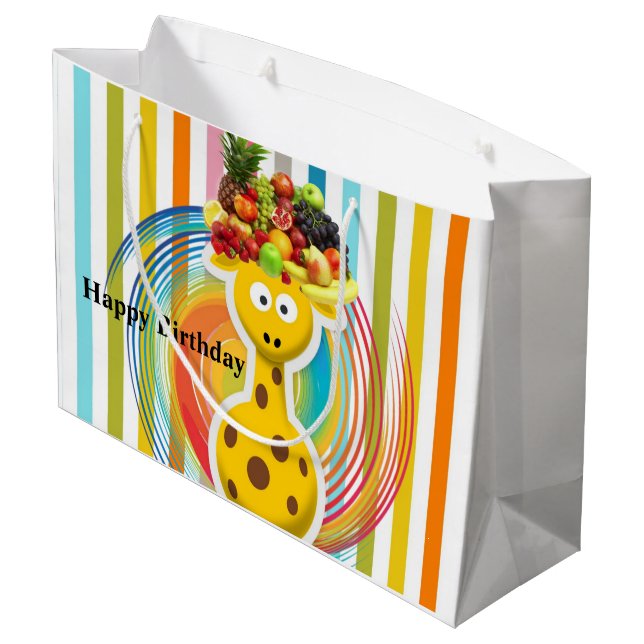 Happy Birthday Geschenktasche Giraffe Fruchtstreif Große Geschenktüte (Rückseite Schrägansicht)