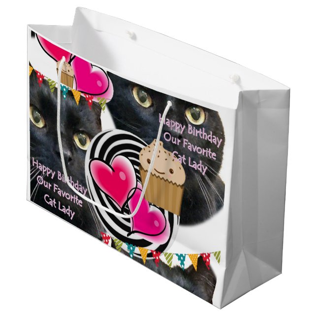 Happy Birthday Geschenktasche Katze Lady Große Geschenktüte (Vorderseite Schrägansicht)