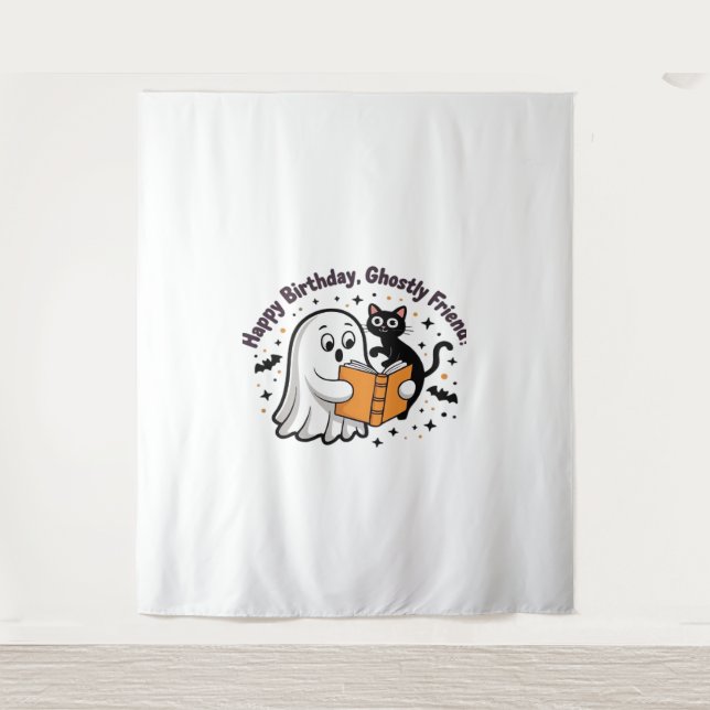 Happy Birthday Ghost Cat PNG - Spooky Niedlich Cla Wandteppich (Vorderseite)