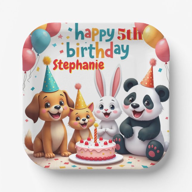 Happy Birthday Girl Cute Animals  Pappteller (Vorderseite)