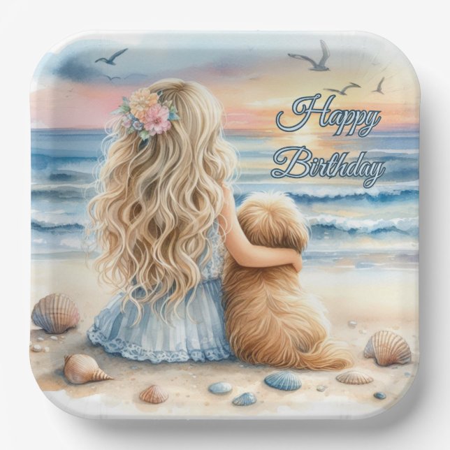 Happy Birthday Girl mit Welpe am Strand Pappteller (Vorderseite)