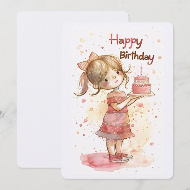 Happy Birthday Girl with Cake Feiertagskarte (Vorne/Hinten)