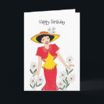 Happy Birthday Girlfriend Card Karte<br><div class="desc">Mädchen in einem hellroten und gelben Kleid und einem gelben Hut. Die Daisies sind überall um sie herum.</div>