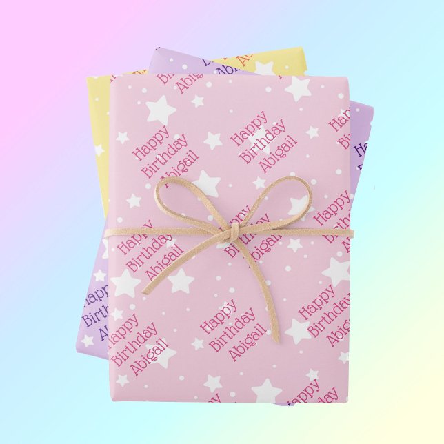 Happy Birthday Girls Name Pastel Stars 3 Geschenkpapier Set (Von Creator hochgeladen)