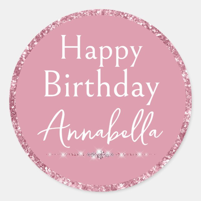 Happy Birthday Glamour Pink Glitzer und Diamonds Runder Aufkleber (Vorderseite)