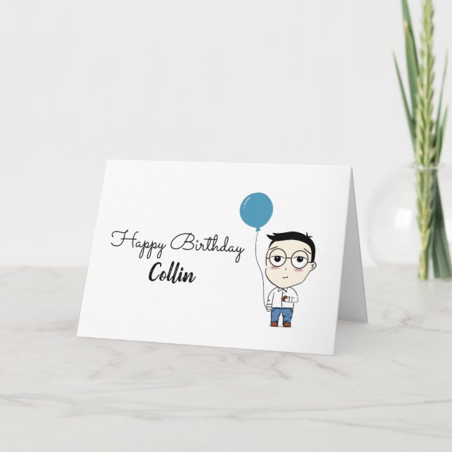 Happy Birthday Glasses Boy Cartoon Niedlich Blue Karte (Vorderseite)