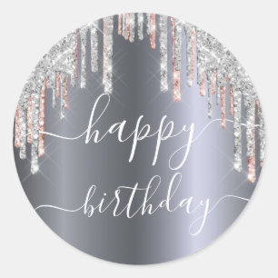 Happy Birthday Glitzer Silber Rose goldenes Funkel Runder Aufkleber