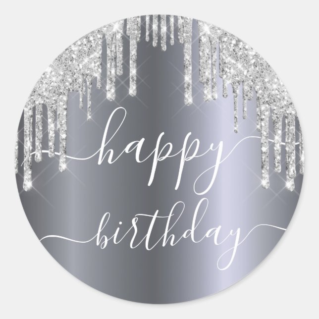 Happy Birthday Glitzer Silberfunkel Glasur Runder Aufkleber (Vorderseite)