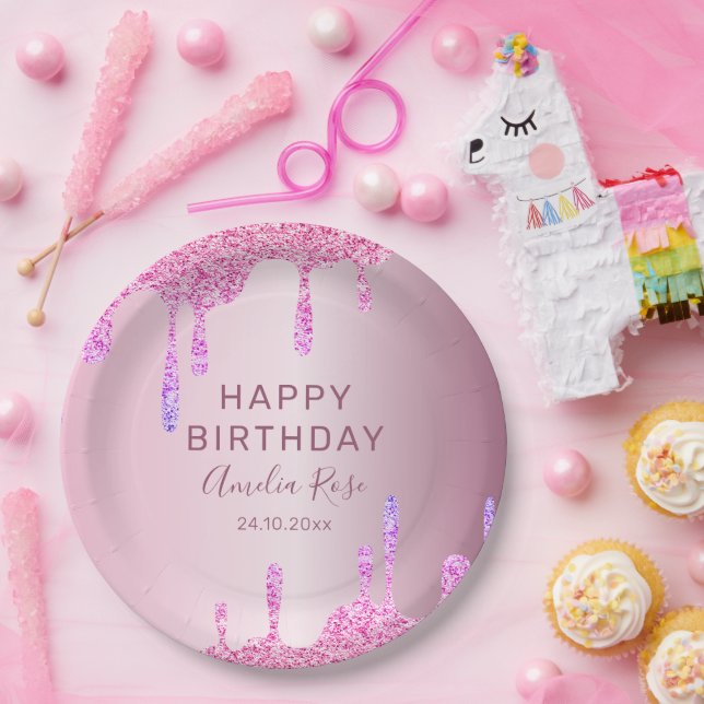 Happy Birthday Glitzer Tropfens Pink Metallic Pappteller (Party)