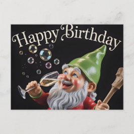 "Happy Birthday" Gnom mit Champagner und Luftblase Postkarte