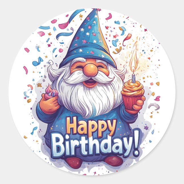 Happy Birthday Gnome: Whimsical Birthday Design Runder Aufkleber (Vorderseite)