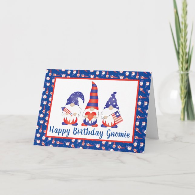 Happy Birthday Gnomie Red White Blue Karte (Vorderseite)