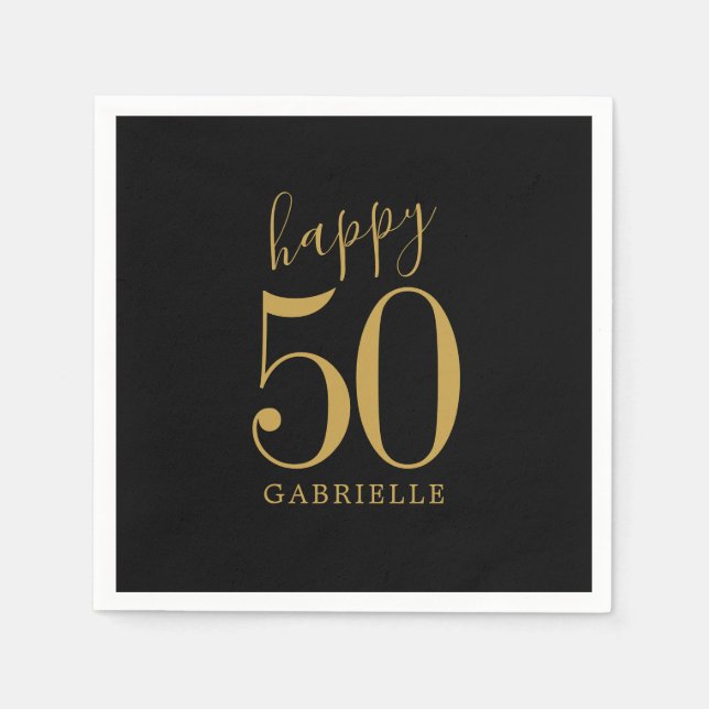 Happy Birthday Gold Black Custom Age Name Serviette (Vorderseite)