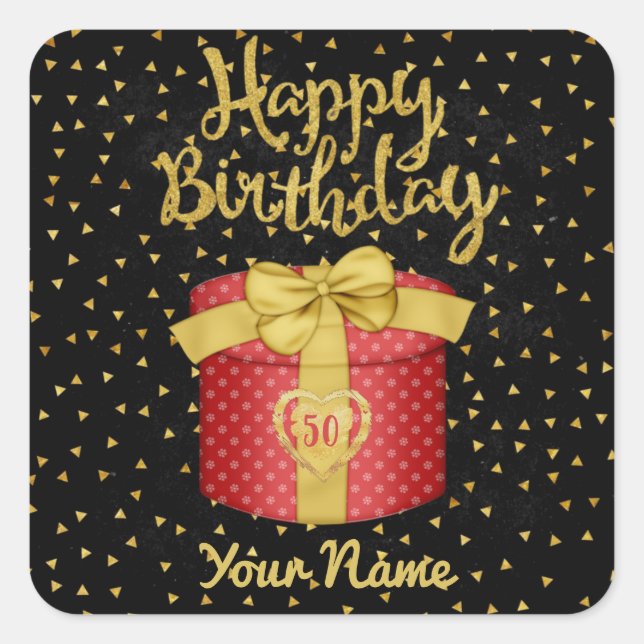 Happy Birthday Gold Black Custom Quadratischer Aufkleber (Vorderseite)