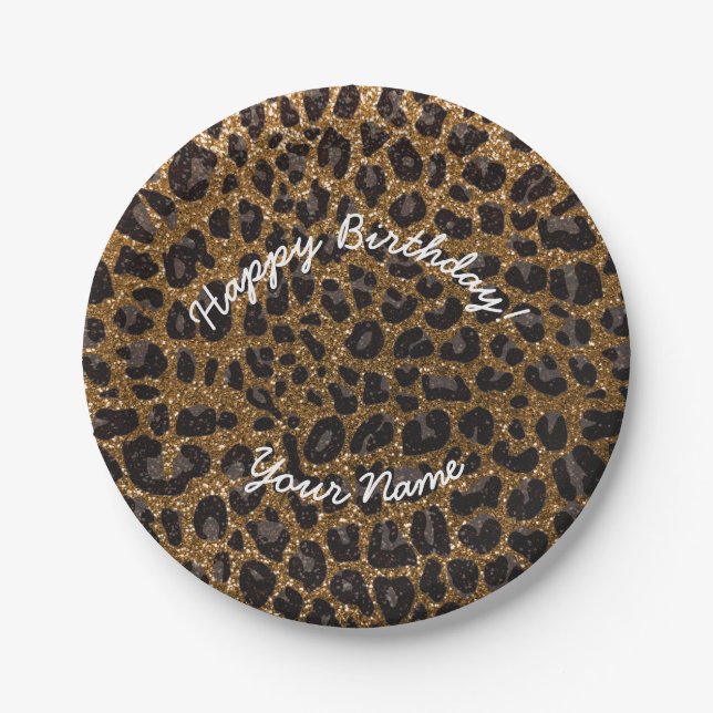 Happy Birthday Gold Glitzer Leopard Pappteller (Vorderseite)
