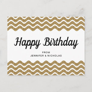 Happy Birthday Gold Glitzer Weiße Zickzack Streife Postkarte