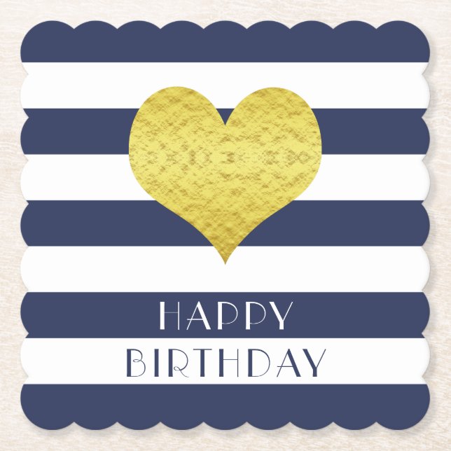 Happy Birthday Gold Heart Blue White Stripes Untersetzer (Vorderseite)