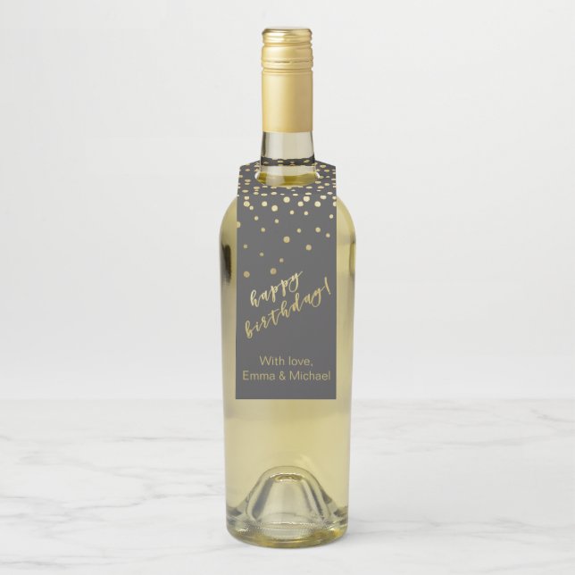 Happy Birthday - Gold Script & Confetti Flaschenanhänger (Auf Flasche)