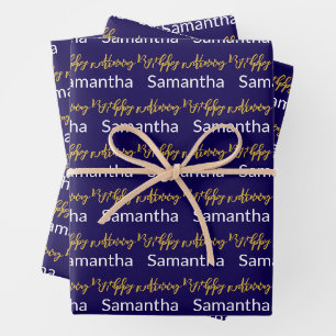 Happy Birthday Gold Script Dark Blue White Name Geschenkpapier Set